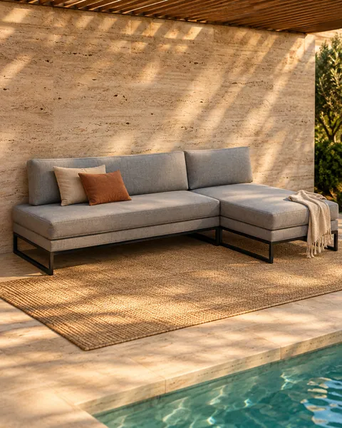 Sofá Chaise Riviera, em base de ferro galvanizado e estofado em tecido