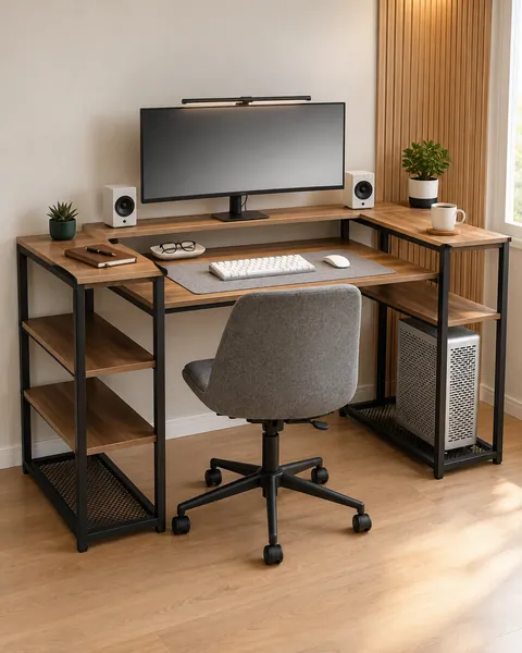 Estação Home Office U, em ferro galvanizado e madeira maciça