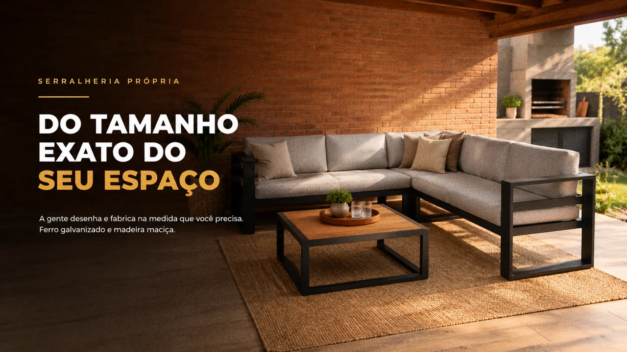Sofá de canto em ferro e madeira em área gourmet — móveis sob medida da Dilino Studio