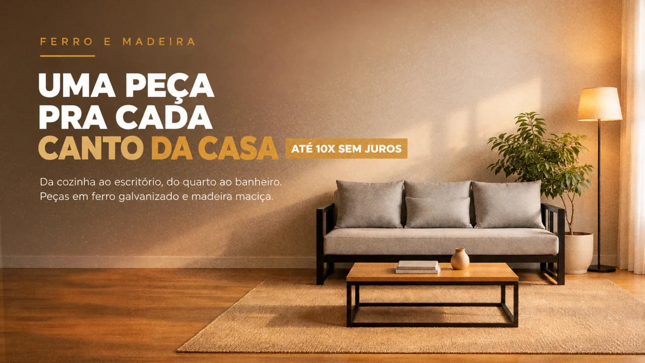 Sofá em ferro e madeira na sala de estar — Dilino Studio